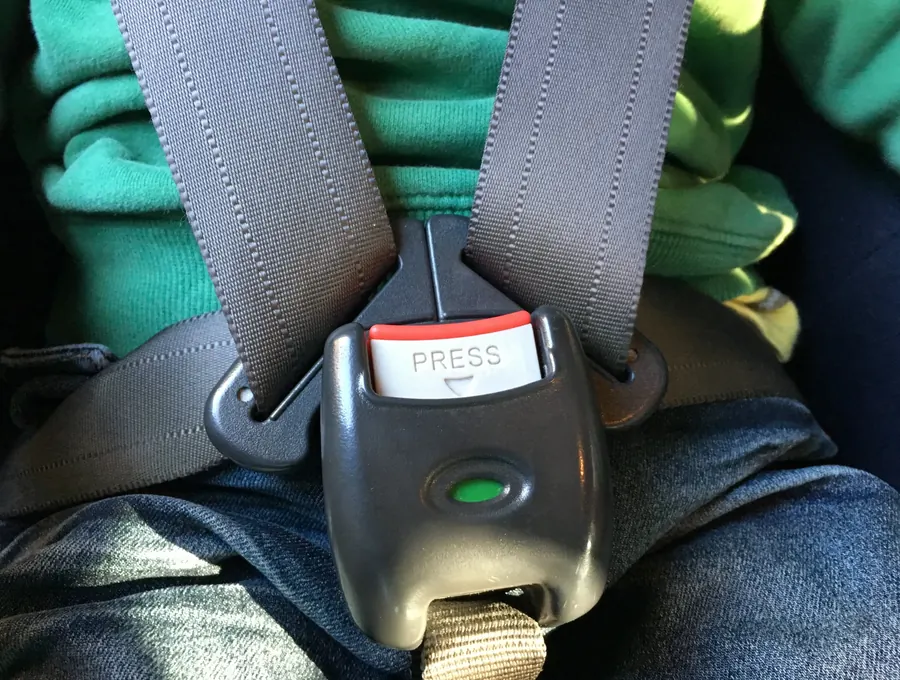 Buckle with a red press release button holding a latch plate between webbing sections